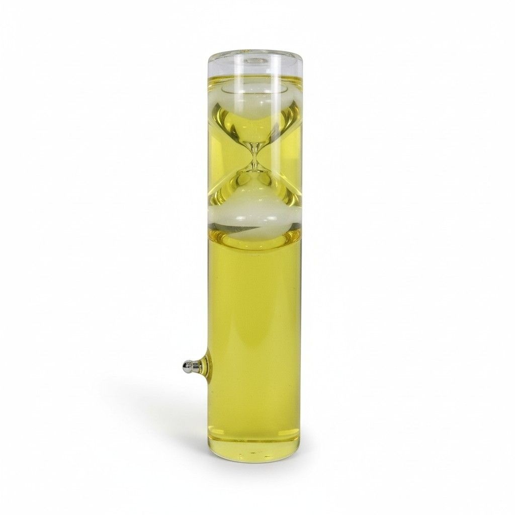 The Witches' Quest 4.5-inch glass liquid sand timer with bright yellow fluid for one-minute ritual focus and timing.