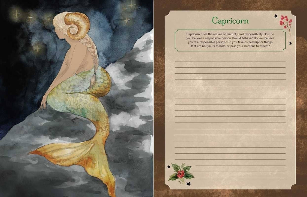 The Witches' Quest Seasons of the Witch Yule Journal featuring a Capricorn mermaid illustration and lined prompt page.