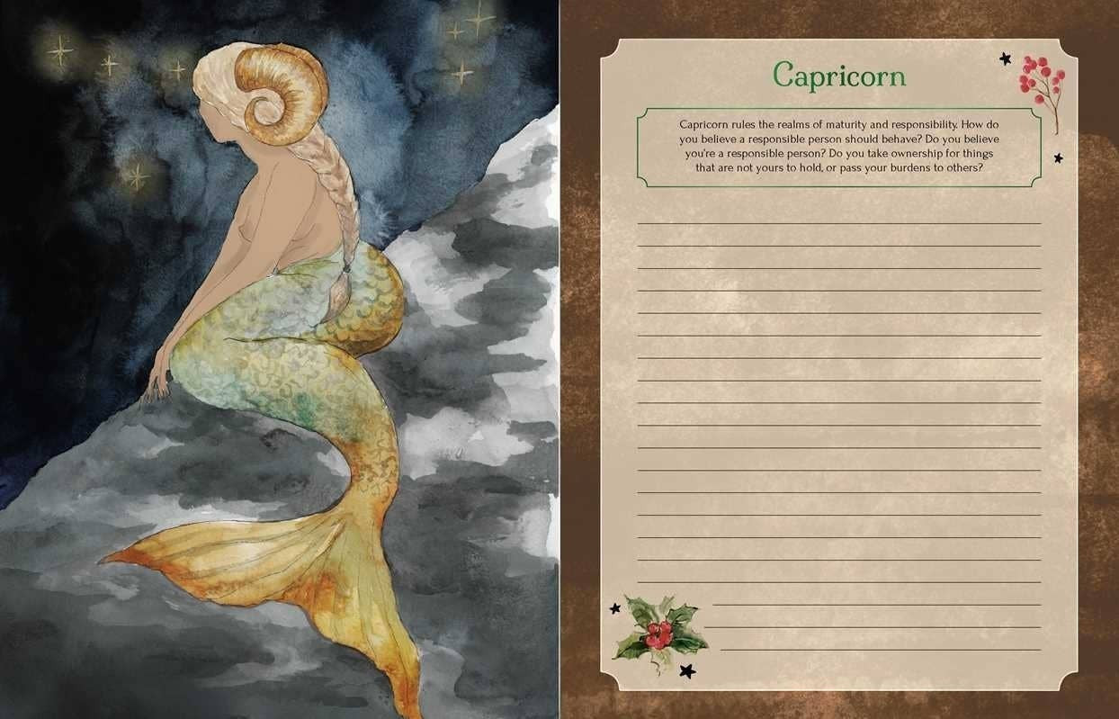 The Witches' Quest Seasons of the Witch Yule Journal featuring a Capricorn mermaid illustration and lined prompt page.