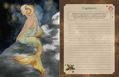 The Witches' Quest Seasons of the Witch Yule Journal featuring a Capricorn mermaid illustration and lined prompt page.