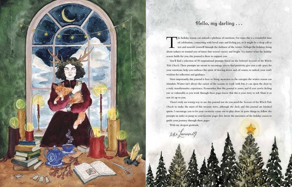 The Witches' Quest Seasons of the Witch Yule Journal open to a page with a watercolor illustration of a woman with antlers
