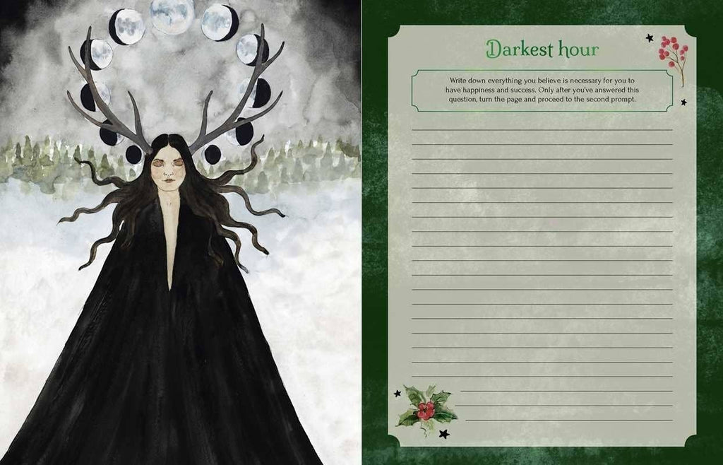 The Witches' Quest Seasons of the Witch Yule Journal open to a page with a moon-crowned figure and Darkest hour prompt.
