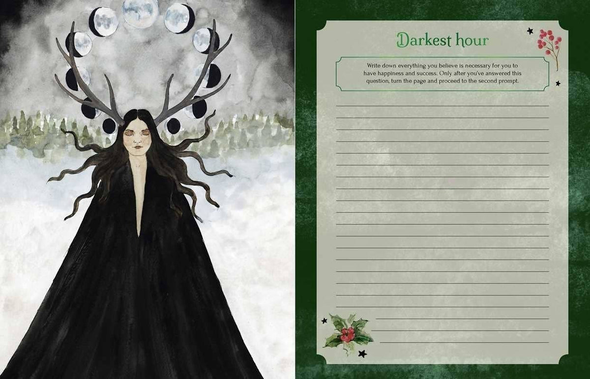 The Witches' Quest Seasons of the Witch Yule Journal open to a page with a moon-crowned figure and Darkest hour prompt.