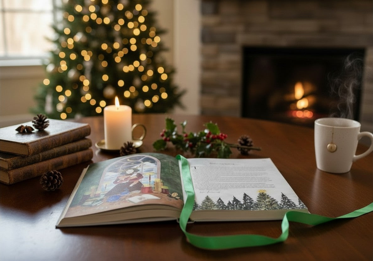 The Witches' Quest Seasons of the Witch Yule Journal open on a wooden table with a candle, holly, and Christmas tree.