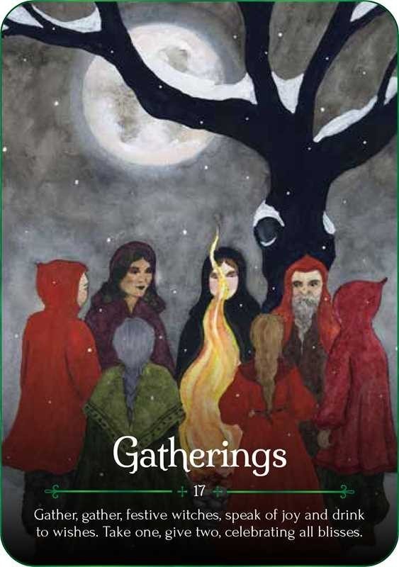 The Witches' Quest Seasons of the Witch Yule Oracle card featuring a group of people in red cloaks around a fire