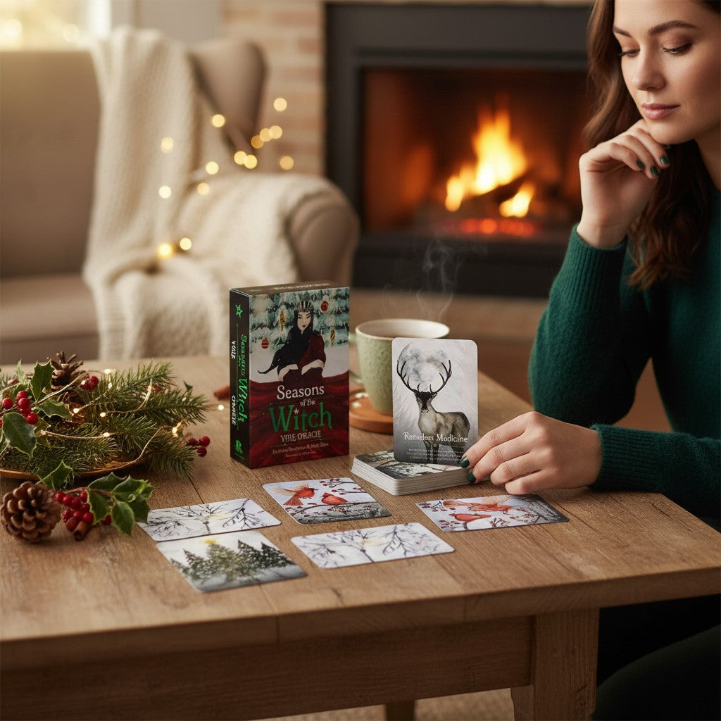 The Witches' Quest Seasons of the Witch Yule Oracle deck with illustrated cards on a table by a cozy fireplace.