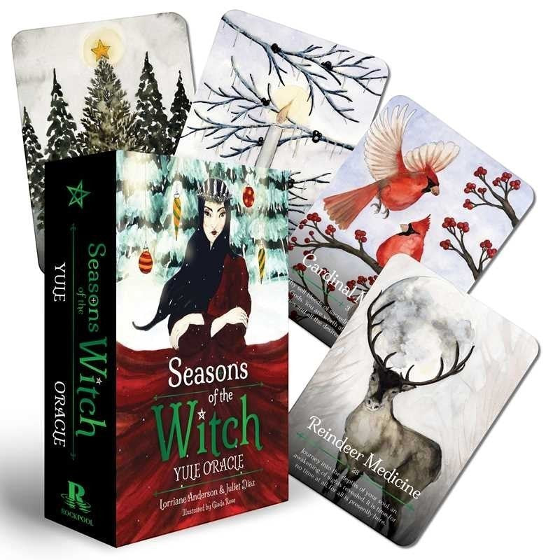 The Witches' Quest Seasons of the Witch Yule Oracle deck featuring illustrated cards with winter and nature themes.