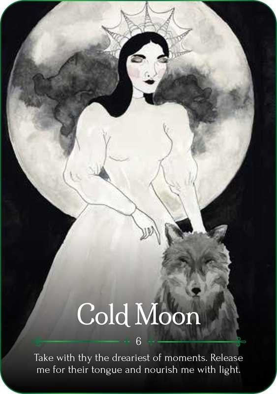 The Witches' Quest Seasons of the Witch Yule Oracle card featuring a woman in a white dress with a wolf and full moon