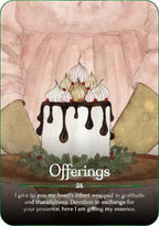 The Witches' Quest Seasons of the Witch Yule Oracle card featuring a watercolor illustration of a cake with offerings.