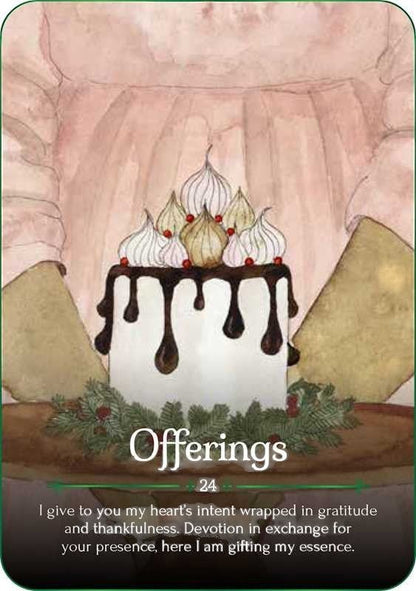 The Witches' Quest Seasons of the Witch Yule Oracle card featuring a watercolor illustration of a cake with offerings.