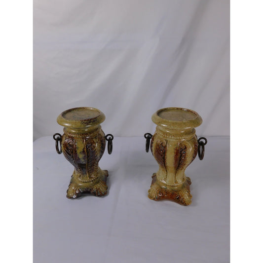 Vintage Ceramic Urn Candle Holders Pair 8" Ornate Handles Marked 5091/1 Decor