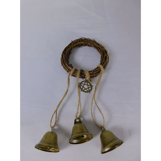 Handmade Witches Bells Protection Grapevine Wreath With Brass Bells & Pentacle Decoration
