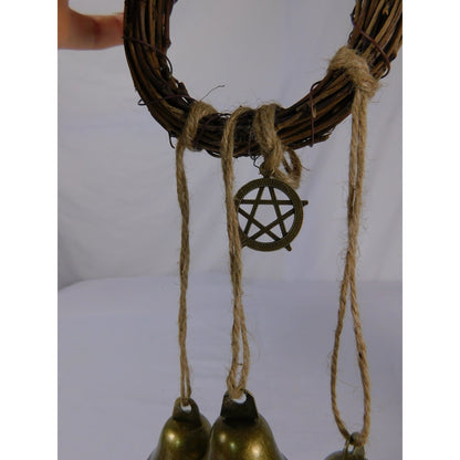 Handmade Witches Bells Protection Grapevine Wreath With Brass Bells & Pentacle Decoration