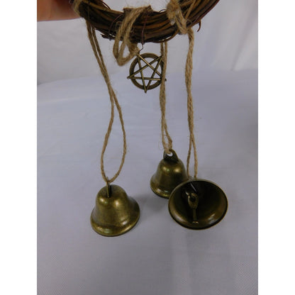 Handmade Witches Bells Protection Grapevine Wreath With Brass Bells & Pentacle Decoration