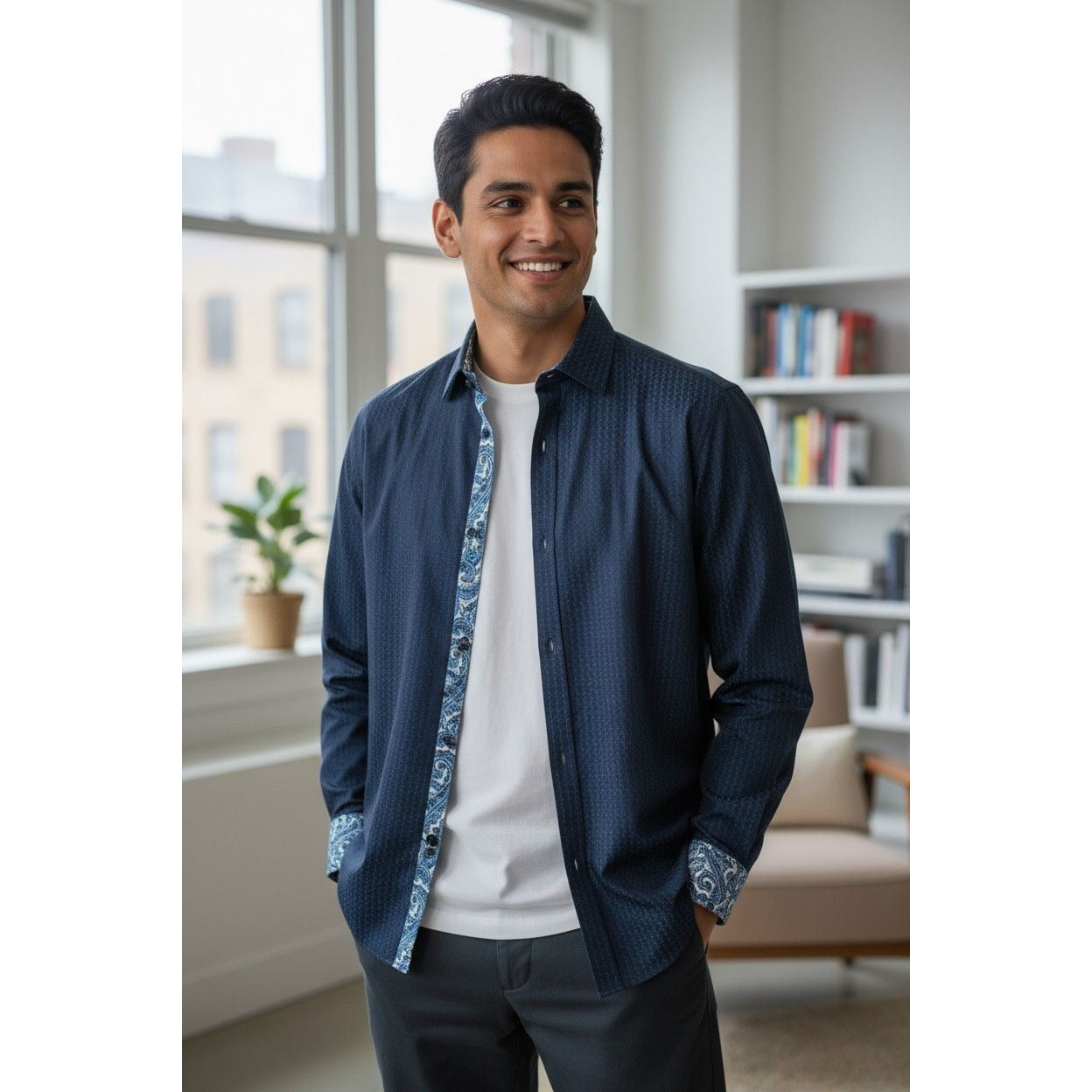 Elie Milano Navy Modern Fit Shirt S - Mens Long Sleeve - Excellent