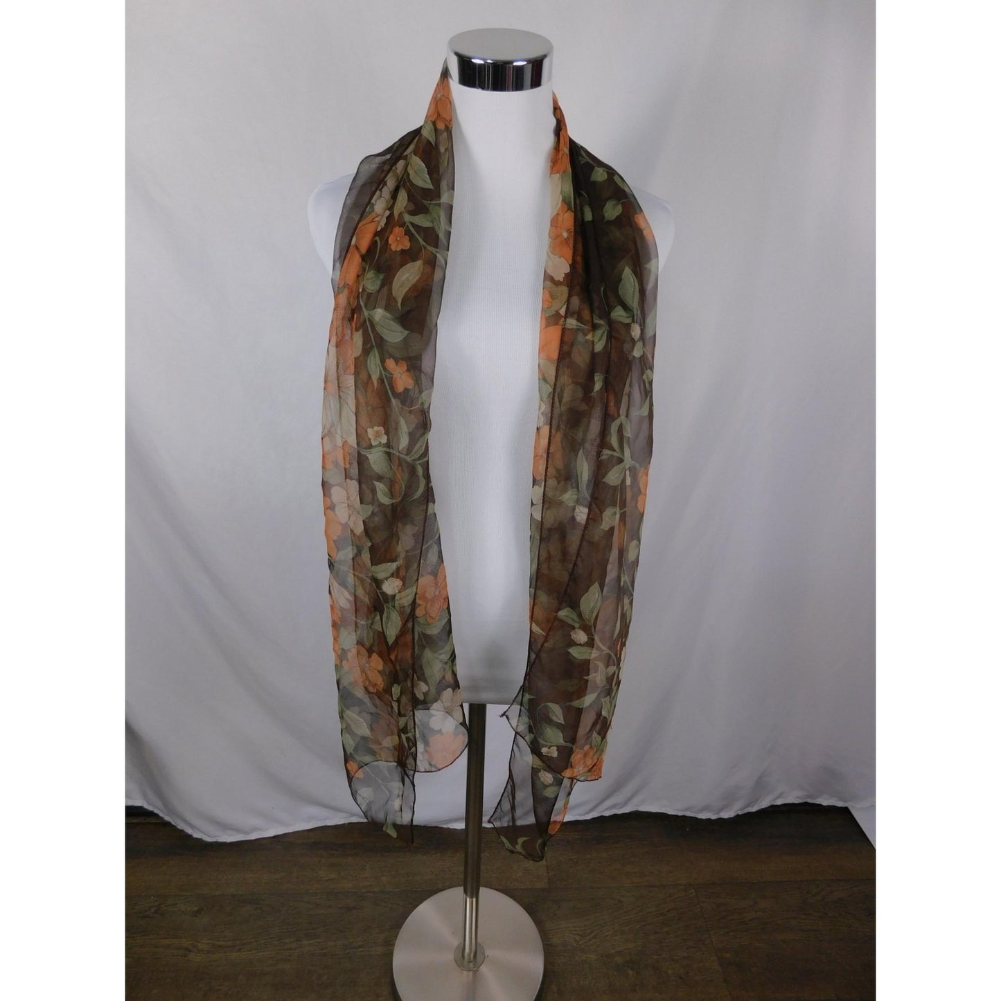 Unified Title "Brown Orange Floral Chiffon Scarf Sheer Boho OS