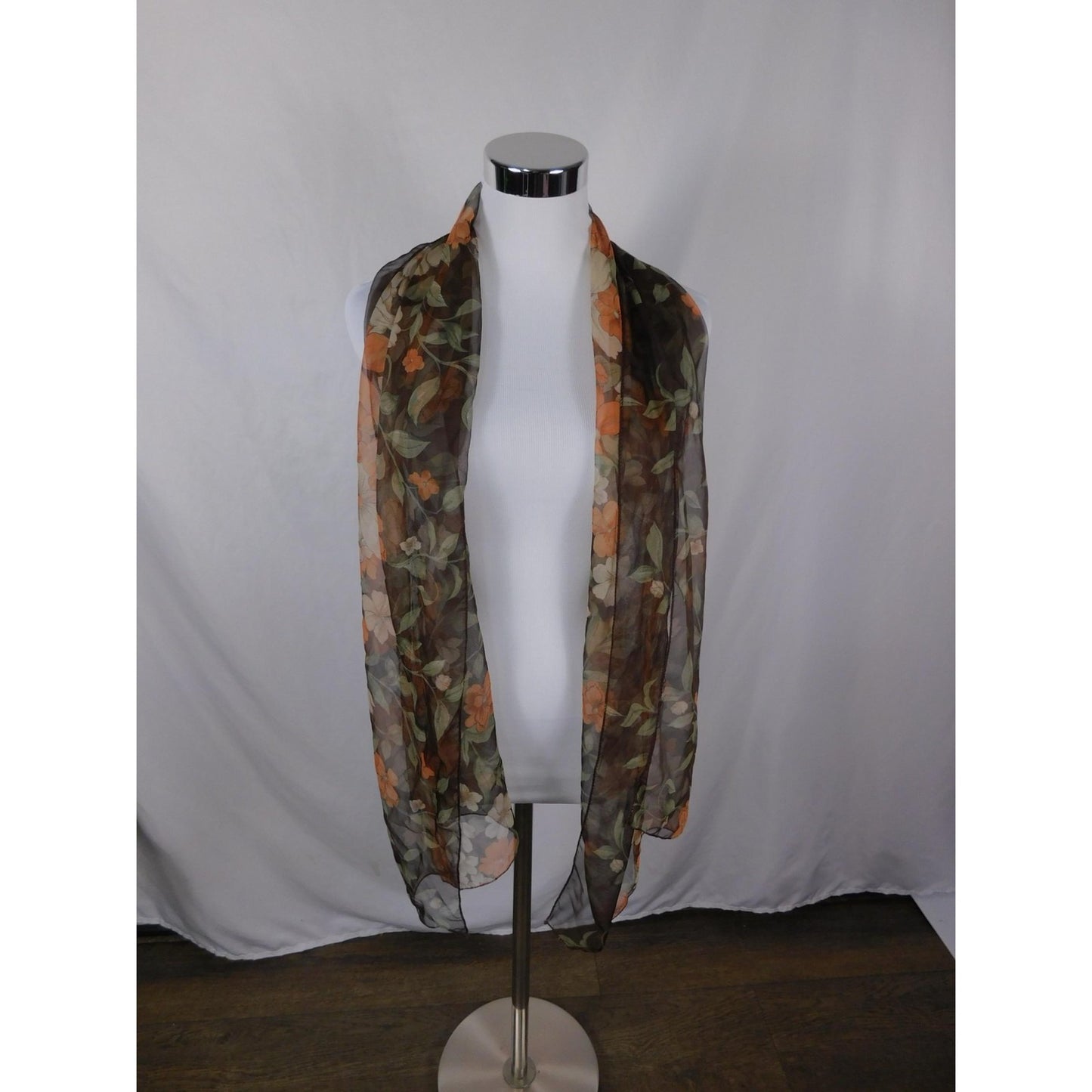 Unified Title "Brown Orange Floral Chiffon Scarf Sheer Boho OS