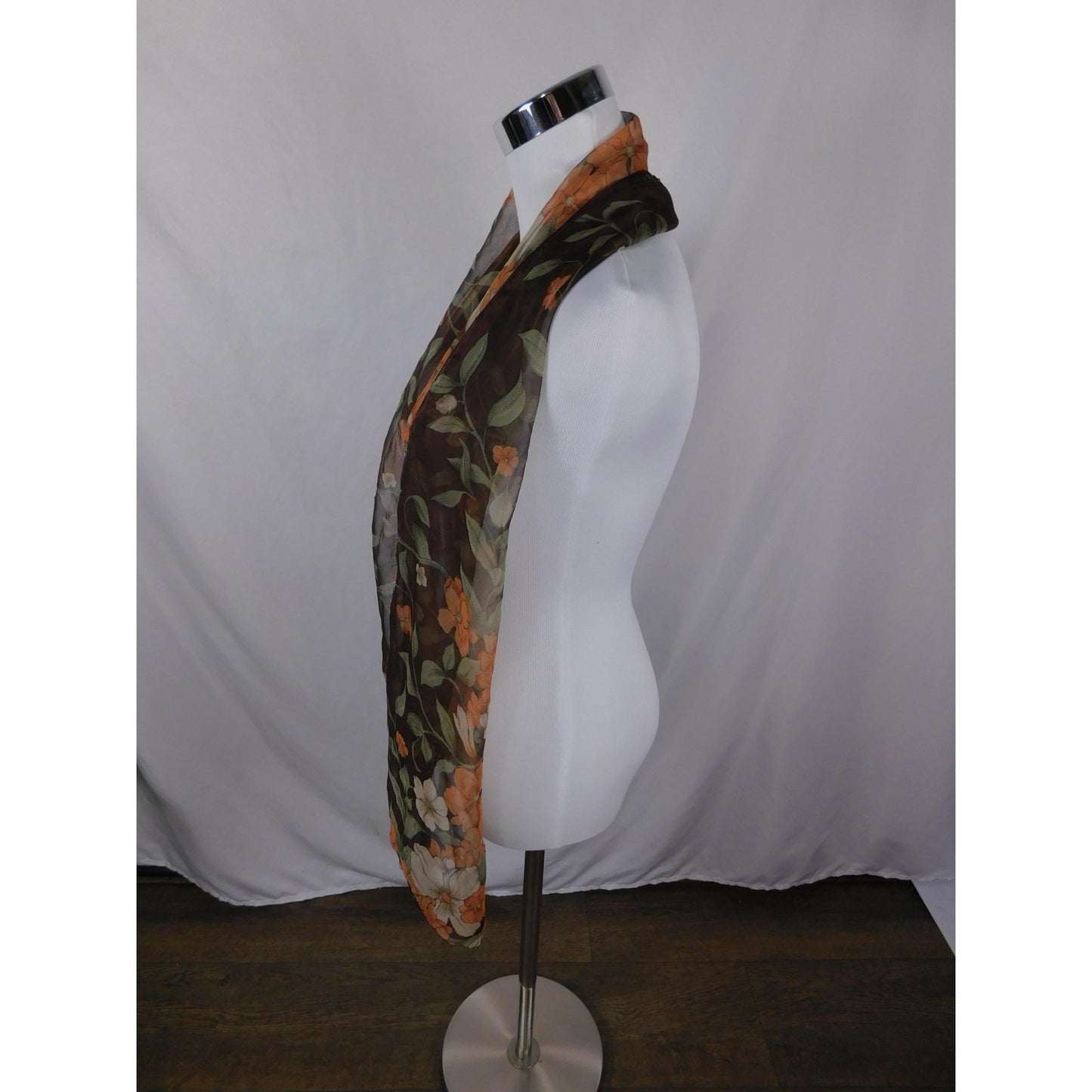Unified Title "Brown Orange Floral Chiffon Scarf Sheer Boho OS