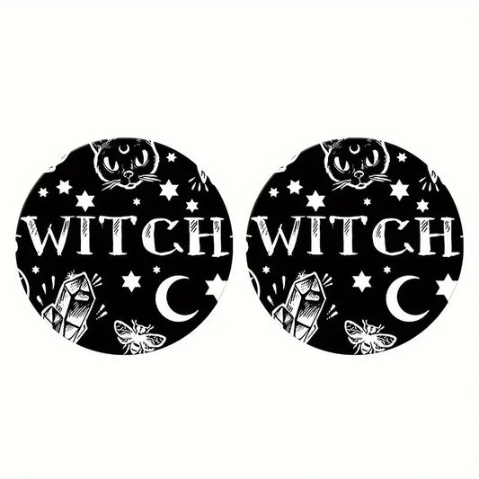 Witch-Themed Car Coasters Set Of 2 Black & White Fits Standard Cup Holders 2.75 Inches Diameter Easy To Clean Durable Material