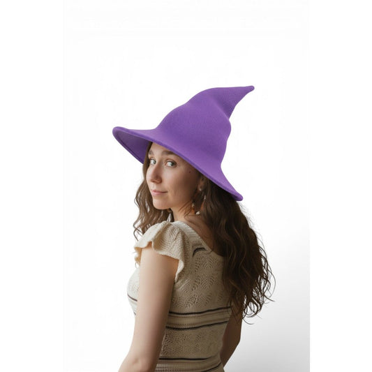 Purple Knit Pointy Witch Hat Soft Textured Wide Brim Accessory