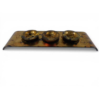 Gold Fused Glass Triple Tea Light Candle Holder Set Tray Unmarked Home Decor