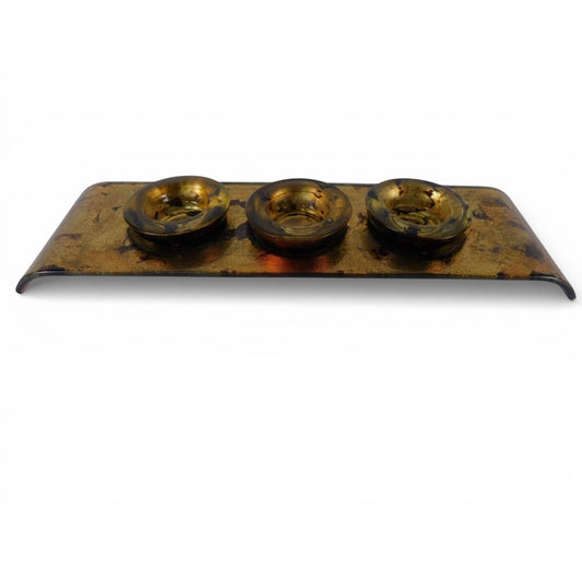 Gold Fused Glass Triple Tea Light Candle Holder Set Tray Unmarked Home Decor