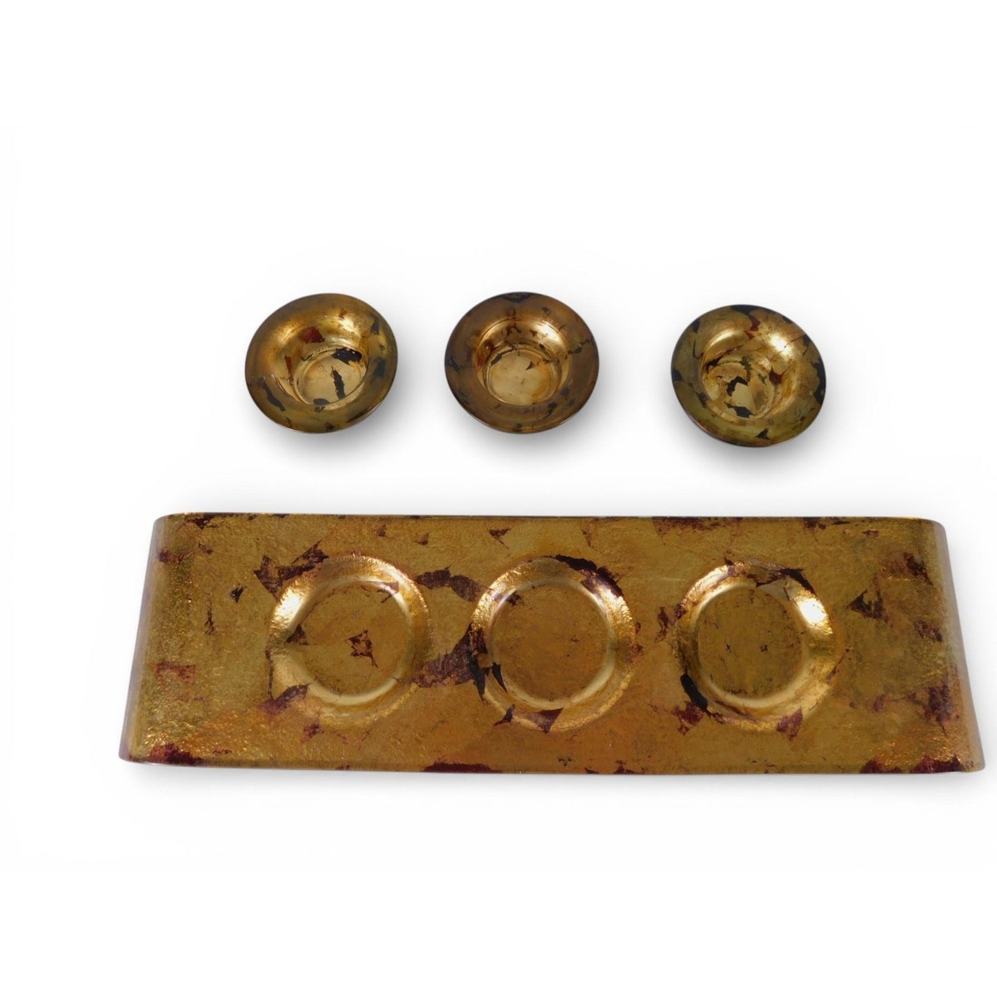 Gold Fused Glass Triple Tea Light Candle Holder Set Tray Unmarked Home Decor