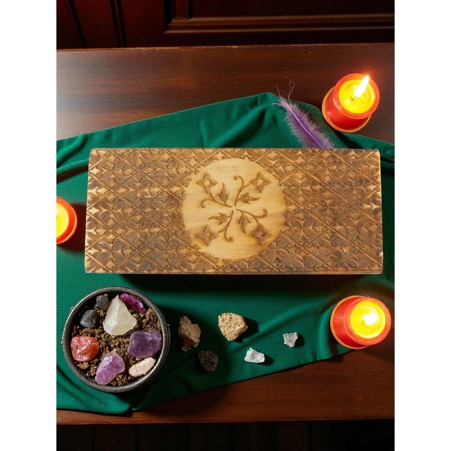 Hand Carved Wooden Box Tarot Floral Motif Latch Closure Storage Jewelry Decor