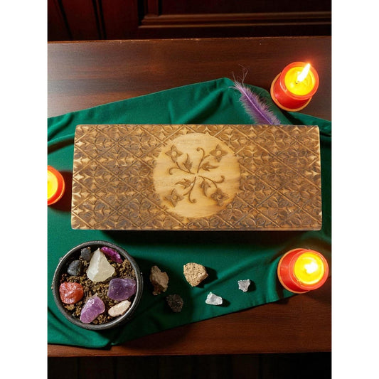 Hand Carved Wooden Box Tarot Floral Motif Latch Closure Storage Jewelry Decor