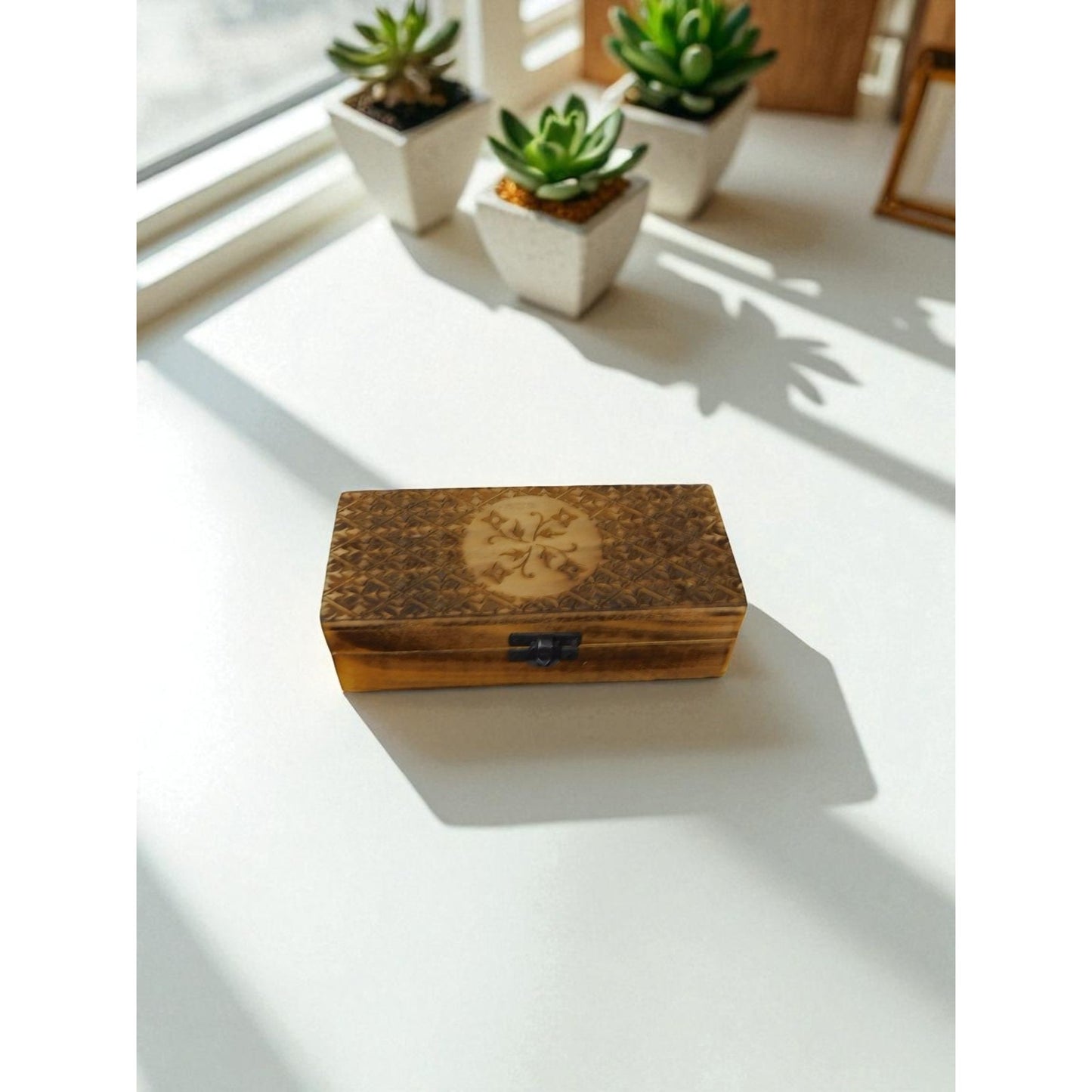 Hand Carved Wooden Box Tarot Floral Motif Latch Closure Storage Jewelry Decor