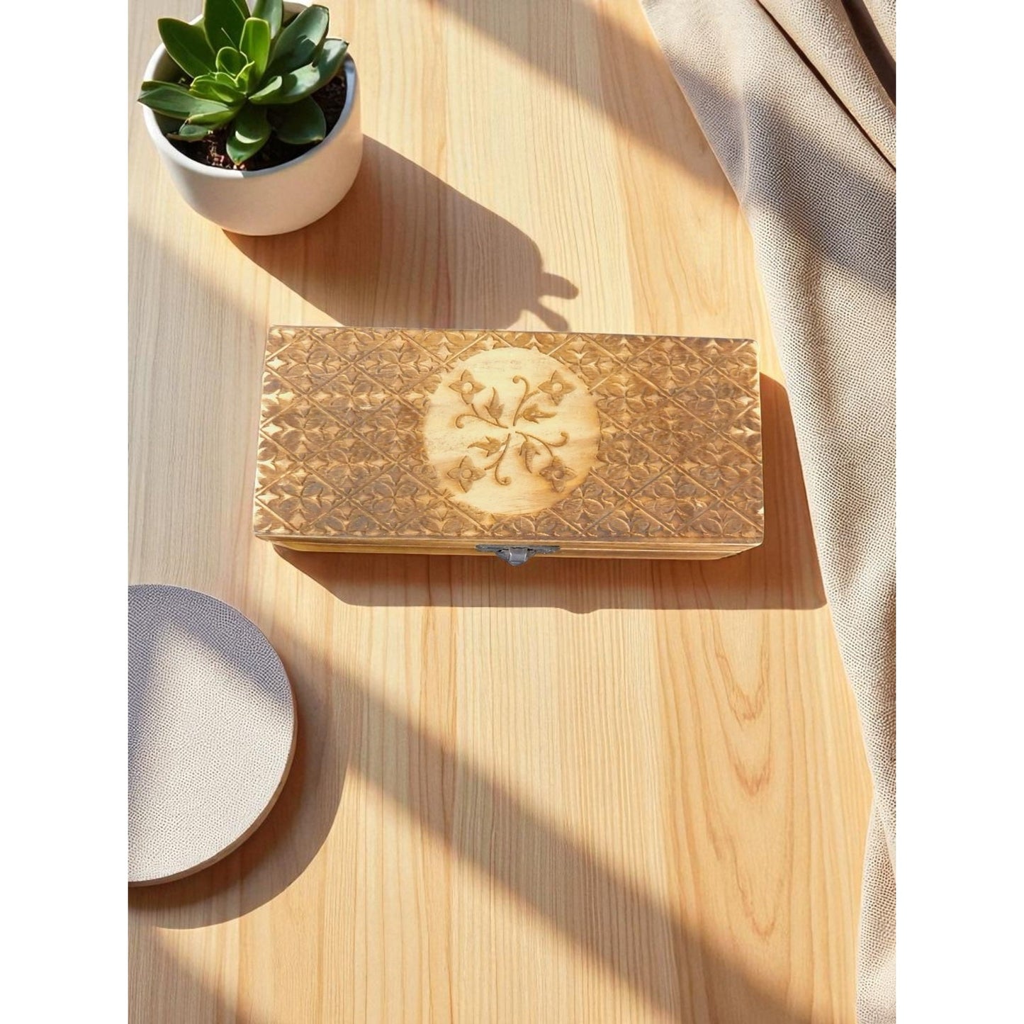 Hand Carved Wooden Box Tarot Floral Motif Latch Closure Storage Jewelry Decor