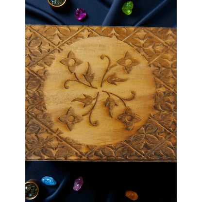 Hand Carved Wooden Box Tarot Floral Motif Latch Closure Storage Jewelry Decor