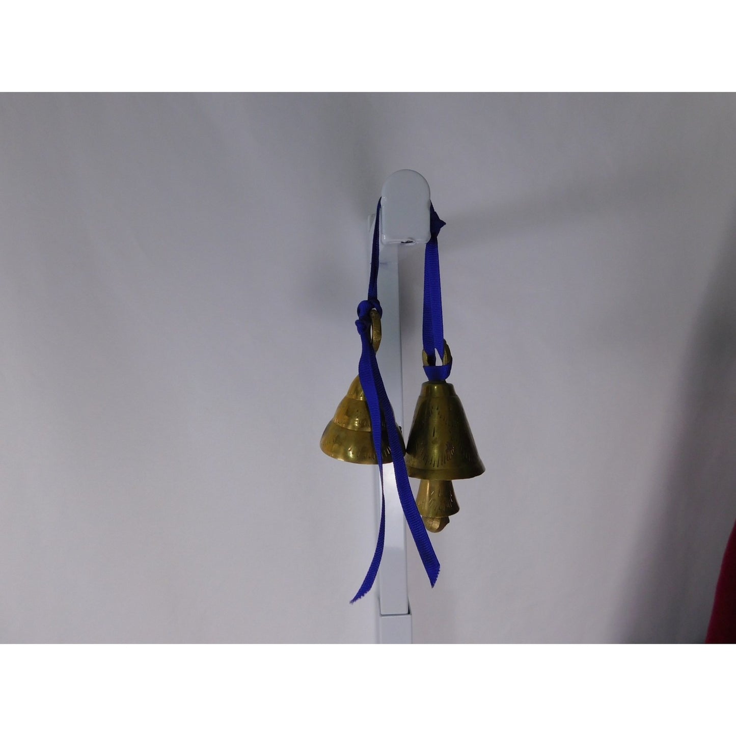 Small Etched Brass Hanging Bells Pair Blue Ribbon Altar Door Chime Decor
