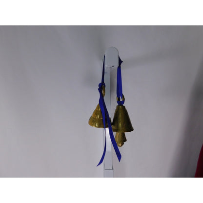 Small Etched Brass Hanging Bells Pair Blue Ribbon Altar Door Chime Decor