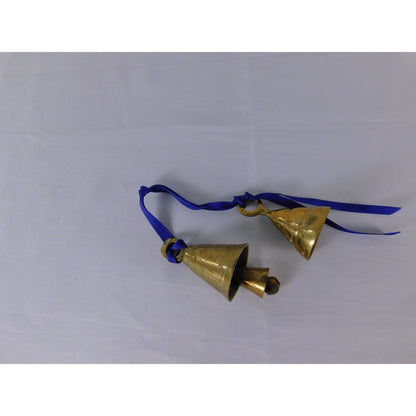 Small Etched Brass Hanging Bells Pair Blue Ribbon Altar Door Chime Decor