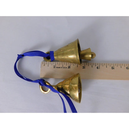 Small Etched Brass Hanging Bells Pair Blue Ribbon Altar Door Chime Decor
