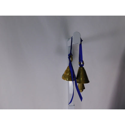 Small Etched Brass Hanging Bells Pair Blue Ribbon Altar Door Chime Decor