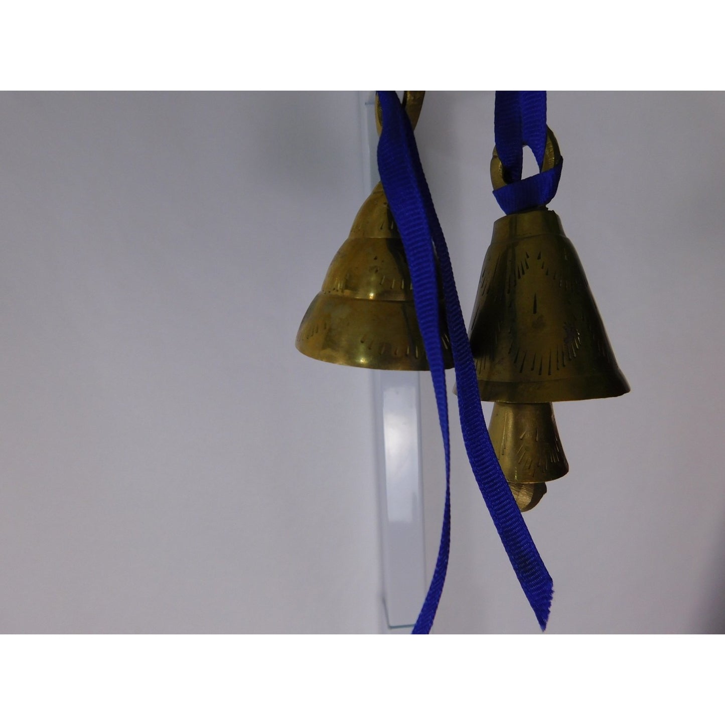 Small Etched Brass Hanging Bells Pair Blue Ribbon Altar Door Chime Decor