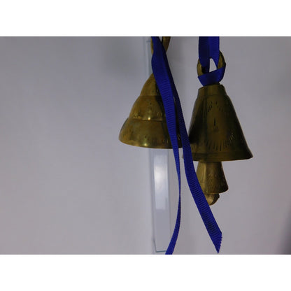 Small Etched Brass Hanging Bells Pair Blue Ribbon Altar Door Chime Decor