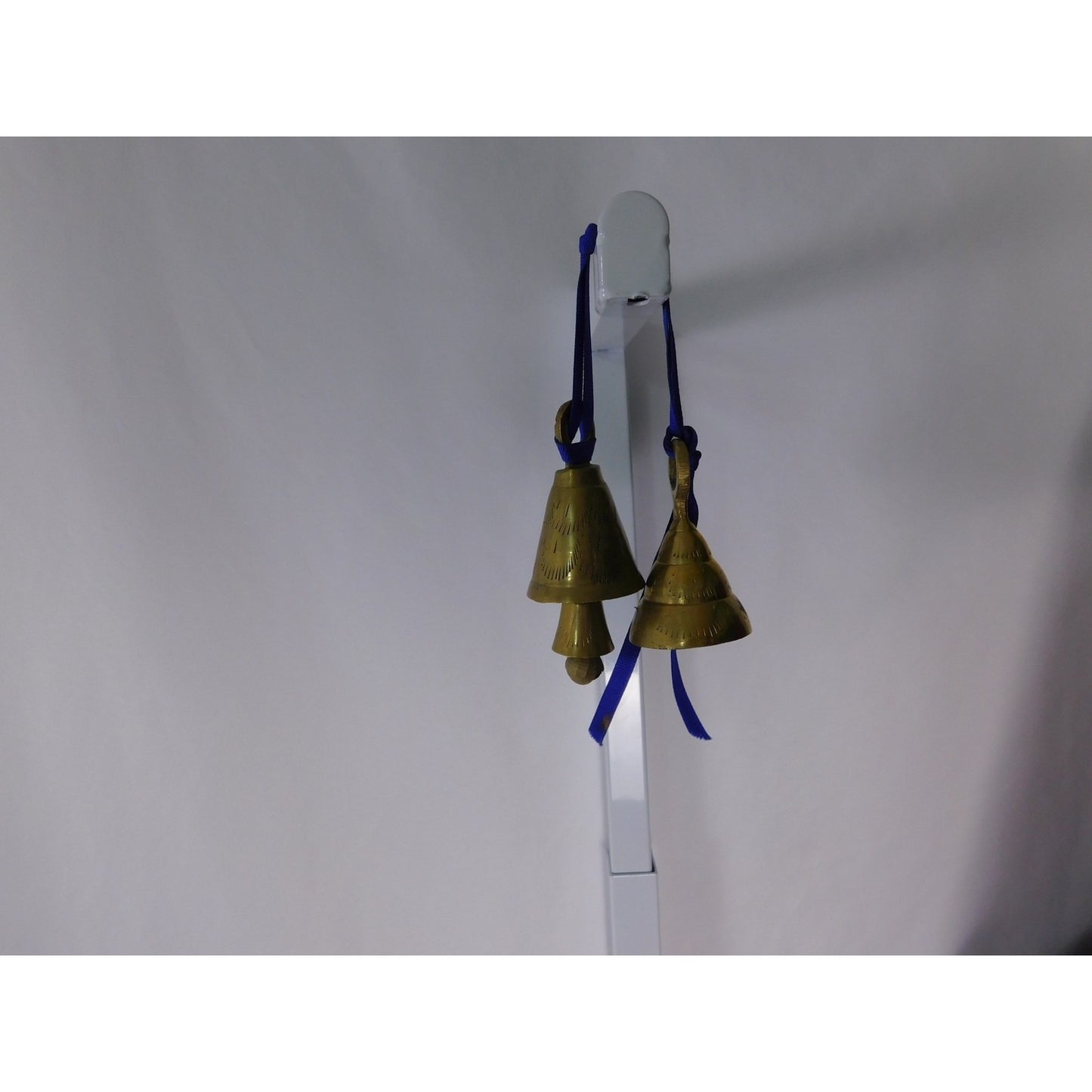 Small Etched Brass Hanging Bells Pair Blue Ribbon Altar Door Chime Decor