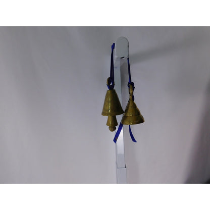 Small Etched Brass Hanging Bells Pair Blue Ribbon Altar Door Chime Decor