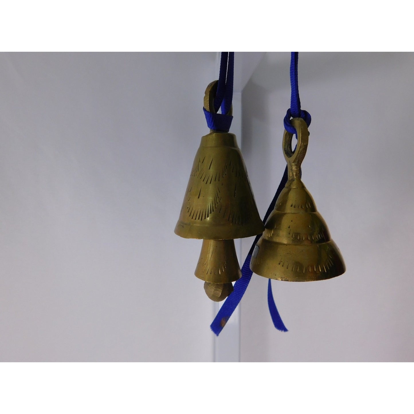 Small Etched Brass Hanging Bells Pair Blue Ribbon Altar Door Chime Decor