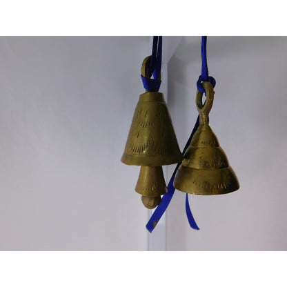 Small Etched Brass Hanging Bells Pair Blue Ribbon Altar Door Chime Decor