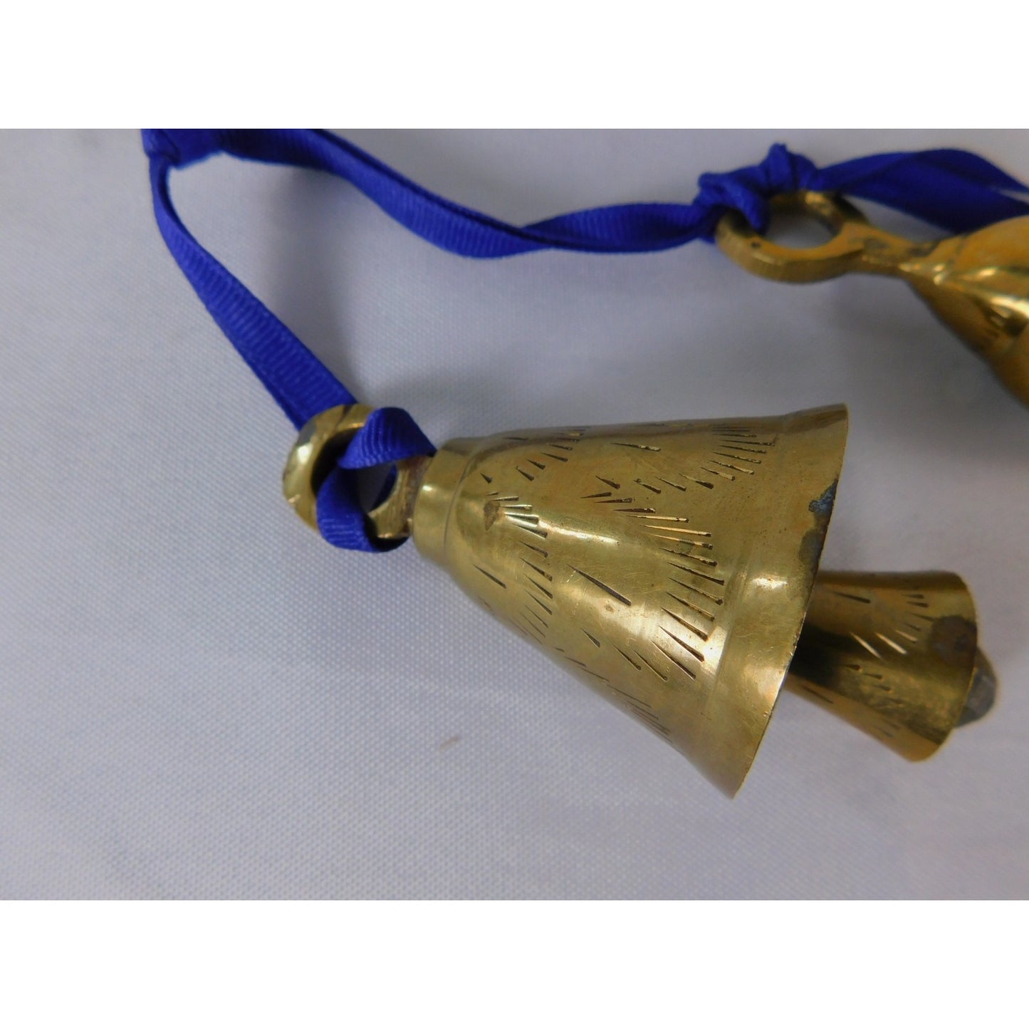 Small Etched Brass Hanging Bells Pair Blue Ribbon Altar Door Chime Decor