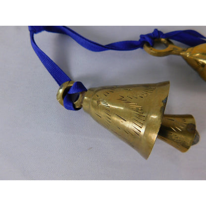 Small Etched Brass Hanging Bells Pair Blue Ribbon Altar Door Chime Decor