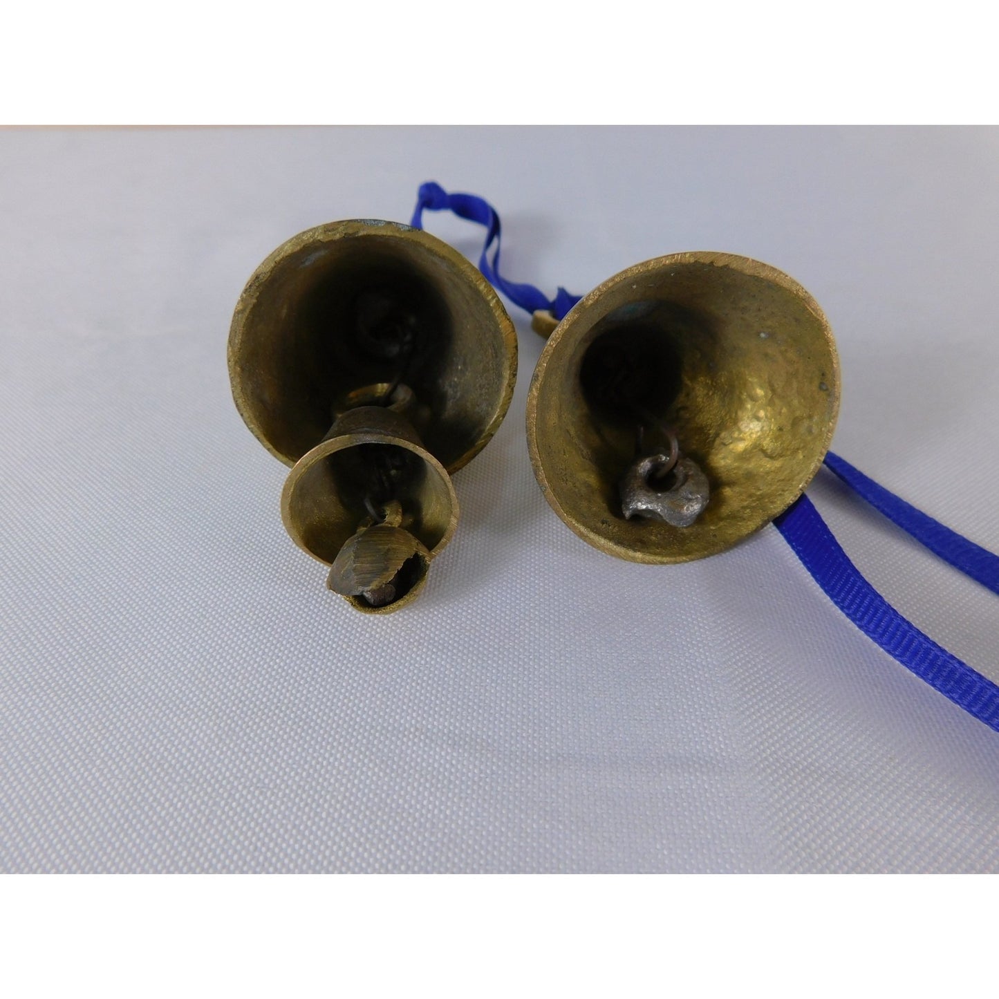 Small Etched Brass Hanging Bells Pair Blue Ribbon Altar Door Chime Decor