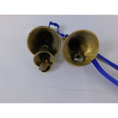 Small Etched Brass Hanging Bells Pair Blue Ribbon Altar Door Chime Decor