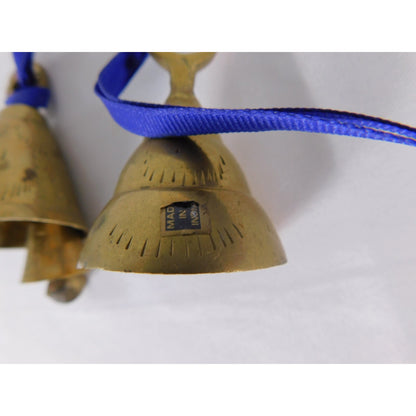 Small Etched Brass Hanging Bells Pair Blue Ribbon Altar Door Chime Decor