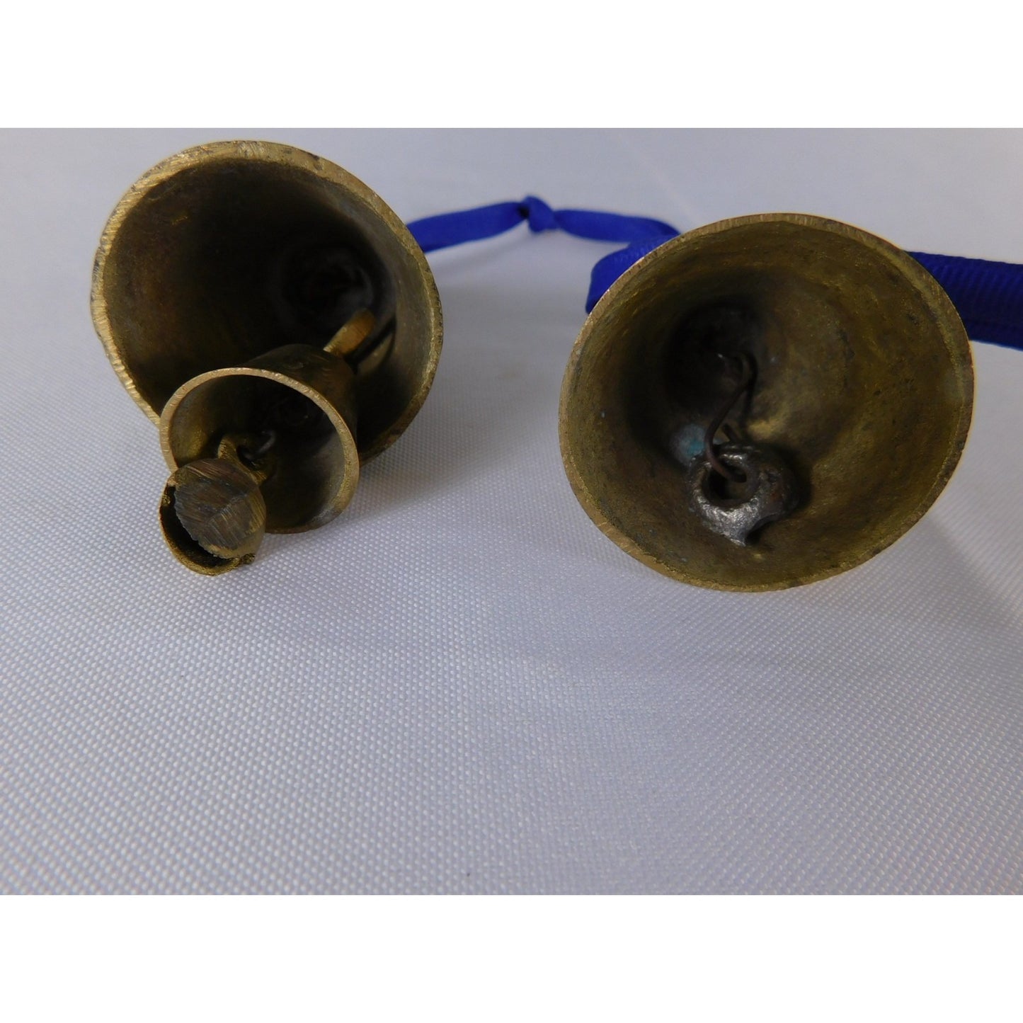 Small Etched Brass Hanging Bells Pair Blue Ribbon Altar Door Chime Decor