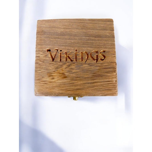 Rustic Wooden Trinket Jewelry Box Vikings Carved Lid Hinged Brass Latch Square